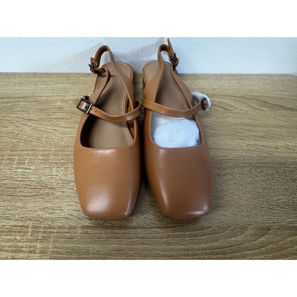 Camel Leather Square Toe Mary Jane Slingback Flats Double Strap NIB Sz 8